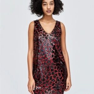 ZARA Dress Leopard Sequin Minidress Red Black Low Back Lined